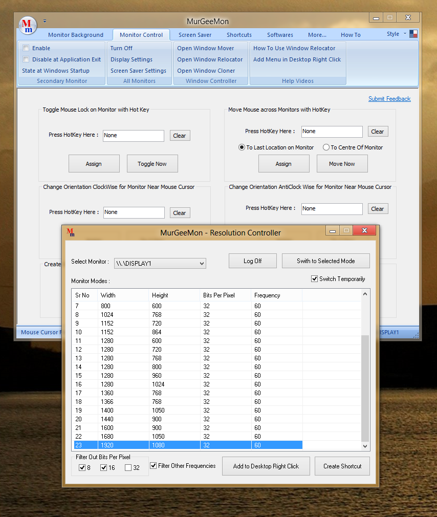 Screenshot of Software to change Display Resolution and other Monitor Control Settings in a Shortcut way on Windows 8 Computer