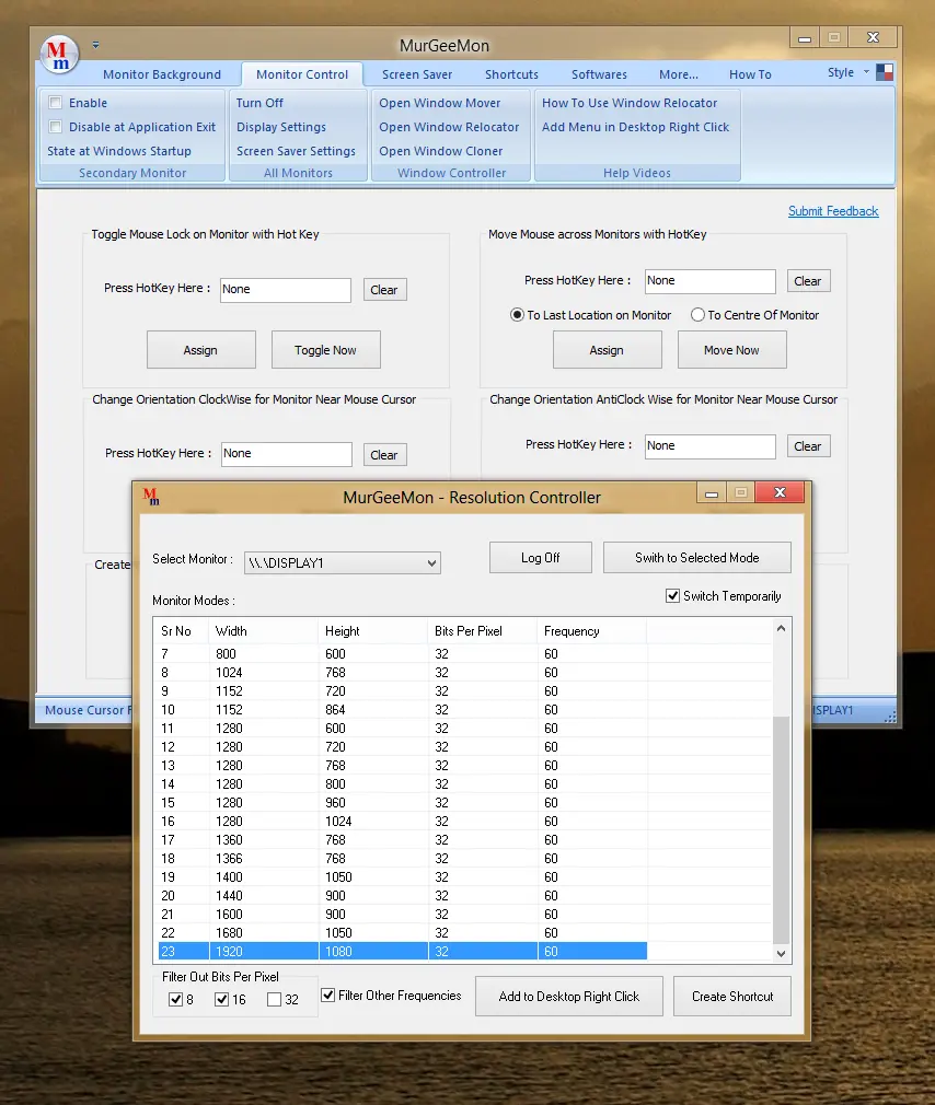 Screenshot of Software to change Display Resolution and other Monitor Control Settings in a Shortcut way on Windows 8 Computer