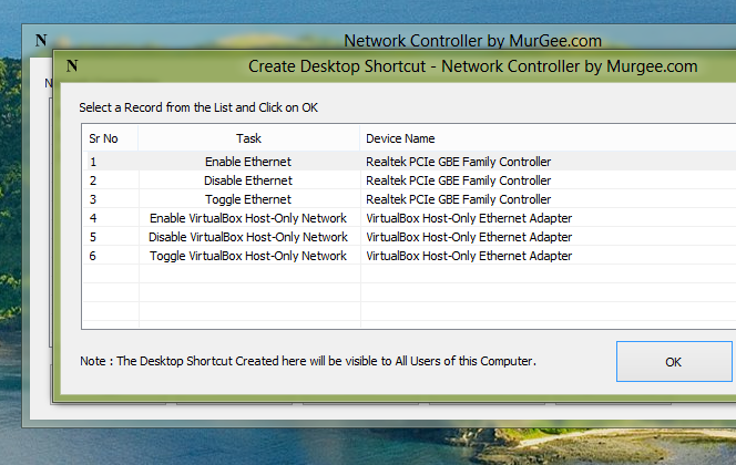 Screenshot of Network Controller Software to Create Desktop Shortcut to Control Indivual Network Connections on Windows 8