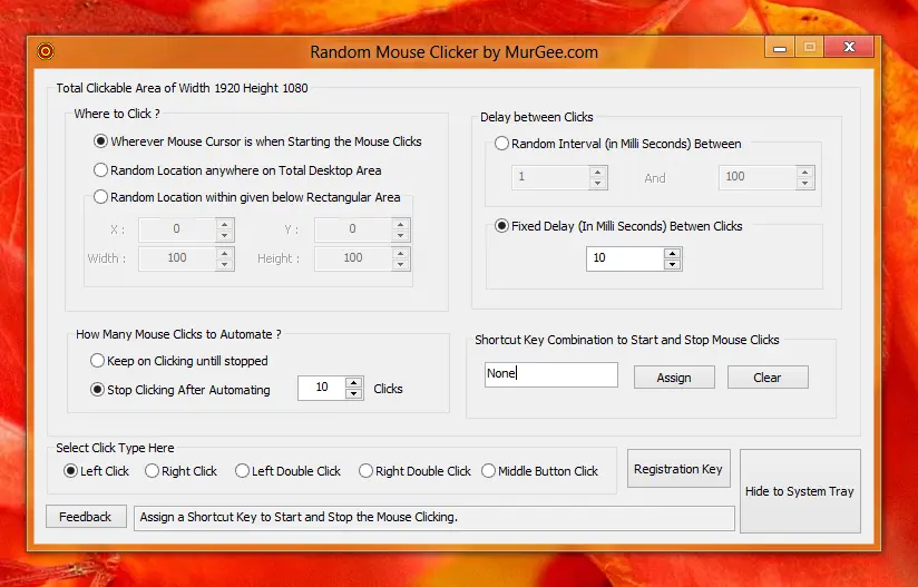 Screenshot of Software on Windows 8 to automate random mouse clicks on Desktop or Metro User Interface