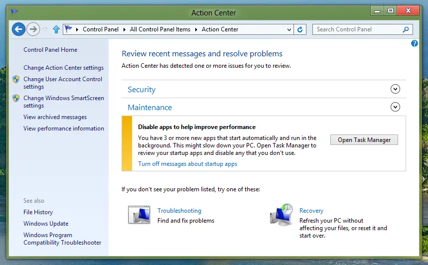 Manage Security, Maintenance and other Actions from Windows 8 Action center