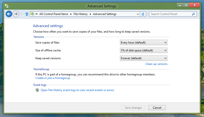 Control File History Actions using Advanced Settings on a Windows 8 Computer