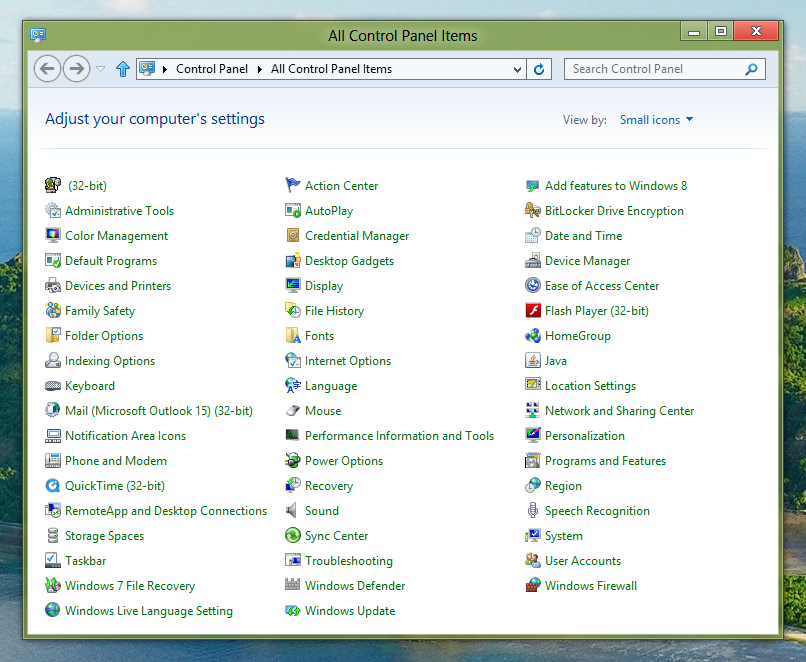 Small Icons of Windows 8 Control Panel Displaying All Icons
