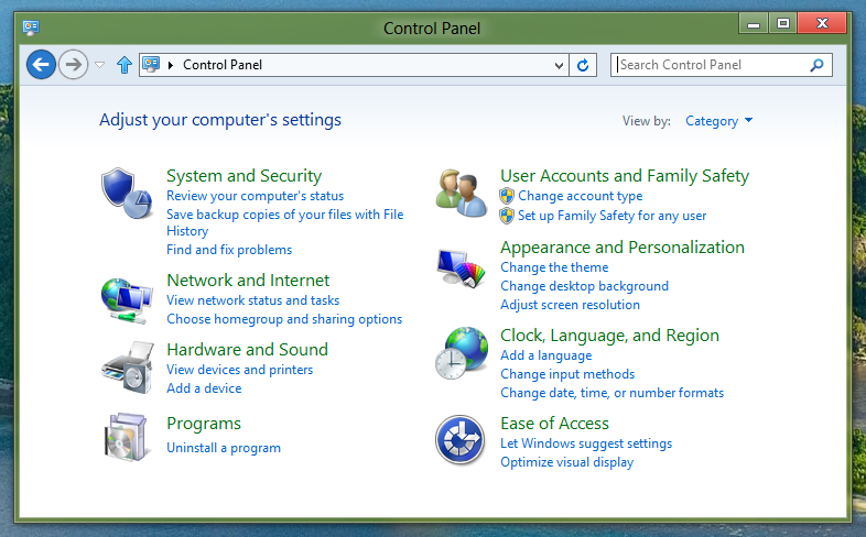 Screenshot of Windows 8 Control Panel by Category