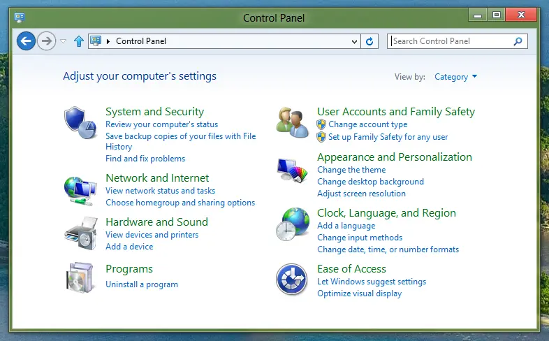 Screenshot of Windows 8 Control Panel by Category