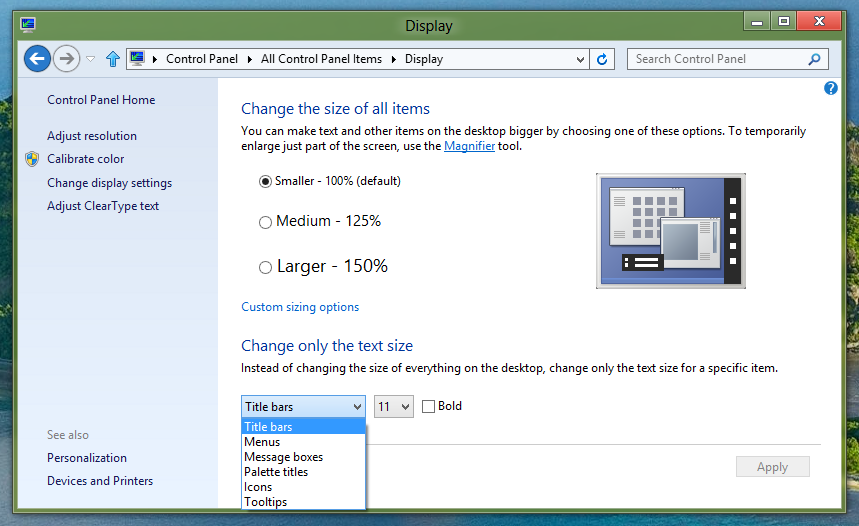 View and Manage Screen Size Settings along with Specific Text Size Settings on a Windows 8 Computer