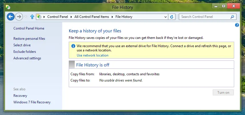 Enable or Disable File History on a Windows 8 Computer