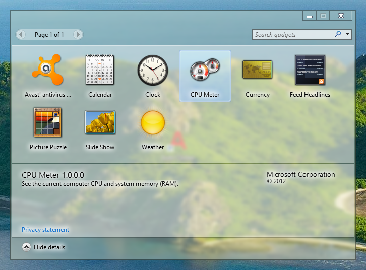 Screenshot displaying Gadget Gallery of Windows 8