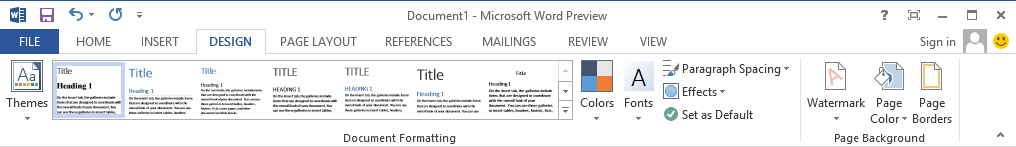 Screenshot displaying design menu of Microsoft Word 2013