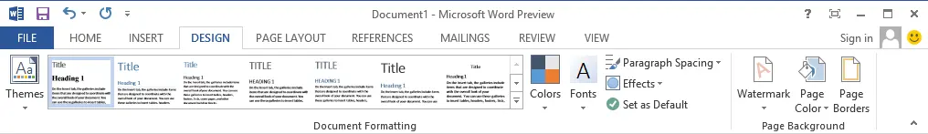 Microsoft Word 2013 Design Menu Screenshot displaying design menu of Microsoft Word 2013
