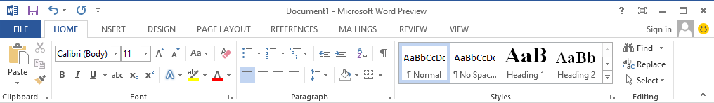 Screenshot of Microsoft Word 2013 Home Menu