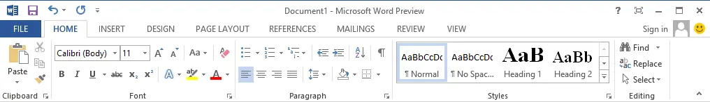 Microsoft Word 2013 Home Menu Screenshot of Microsoft Word 2013 Home Menu