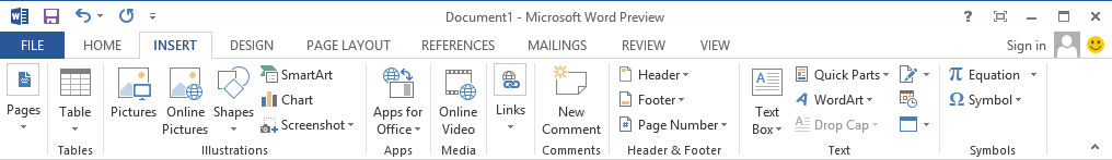 Screenshot of Microsoft Word 2013 Insert Menu taken on a Windows 8 Computer