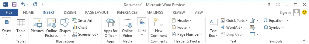 Screenshot of Microsoft Word 2013 Insert Menu taken on a Windows 8 Computer