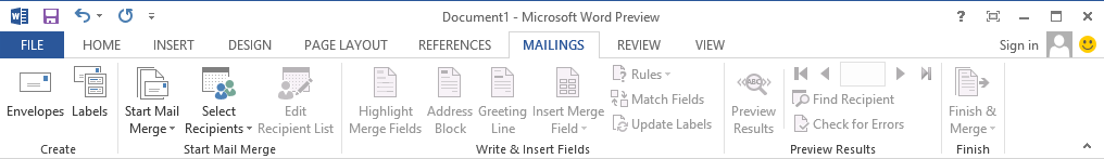Mailing Menu of Microsoft Word 2013
