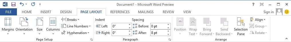 Microsoft Word 2013 Page Layout Screenshot of Configurable Page Layout in Microsoft Word 2013