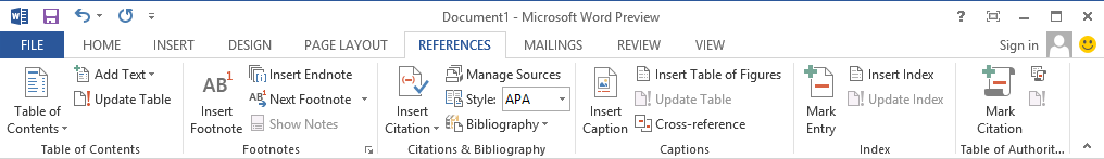 Screenshot of References Menu of Microsoft Word 2013 