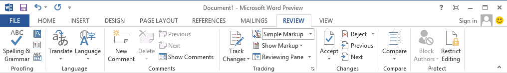 Screenshot of the Review Menu of Microsoft Word 2013