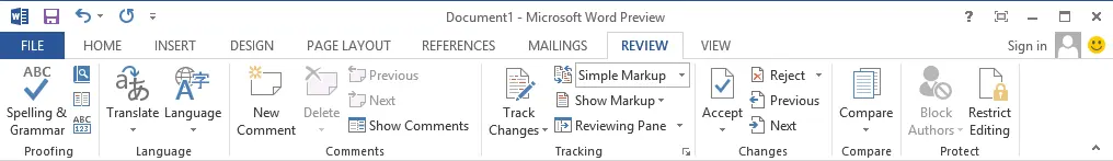 Microsoft Word 2013 Review Screenshot of the Review Menu of Microsoft Word 2013