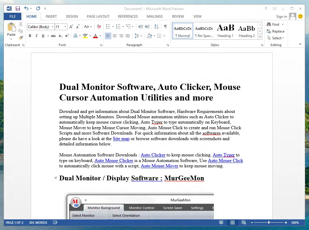 Microsoft Word 2013 Screenshot taken on a Windows 8 Computer