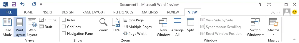 Microsoft Word 2013 View Menu Screenshot of the View Menu of Microsoft Word 2013