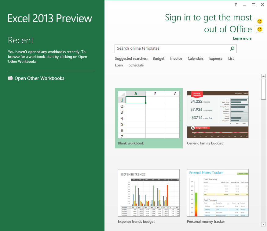 Screenshot of Excel 2013 while Creating New Document on a Windows 8 Computer