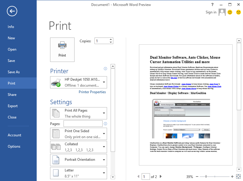 Screenshot of Word 2013 Print Screen to Print the Document with Configurable Printer Settings