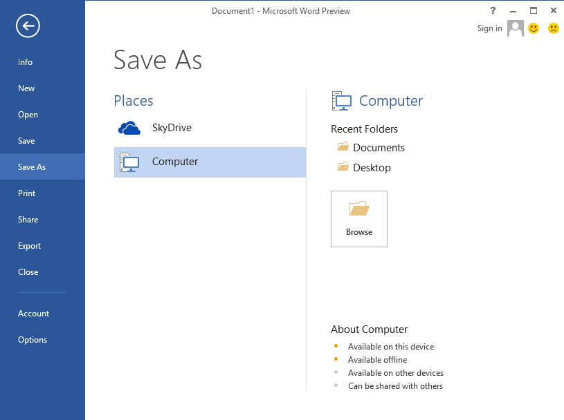 Screenshot of Save Screen Allowing to Save Word Document to Skydrive or Local Windows 8 Computer