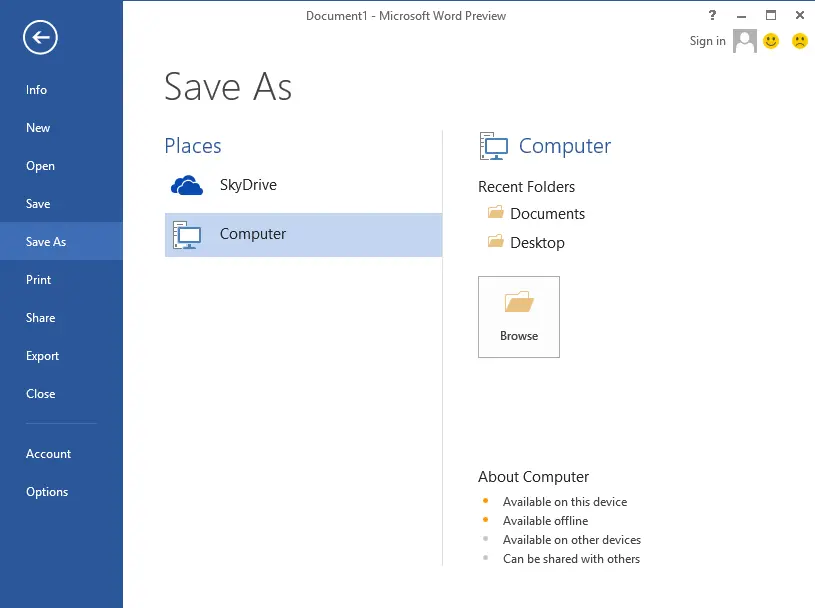 Screenshot of Save Screen Allowing to Save Word Document to Skydrive or Local Windows 8 Computer