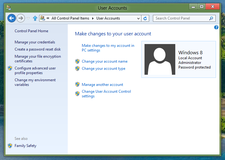 Manage Users on a Windows 8 Computer using User Accounts