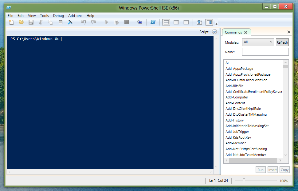 Screenshot of Windows PowerShell ISE (x86) on a 64 bit Windows 8 Desktop Computer