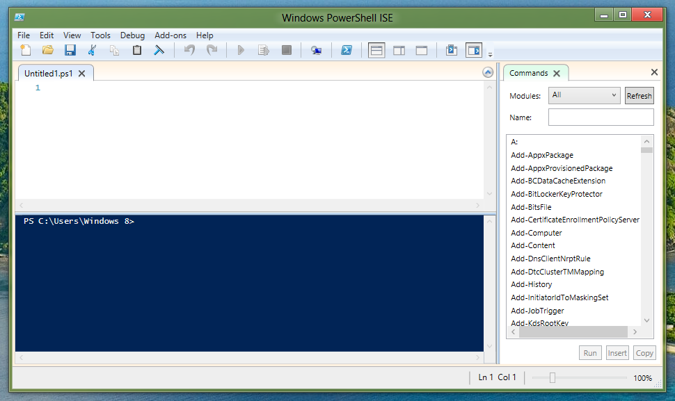 Screenshot of Windows 8 PowerShell ISE (64 bit Version)