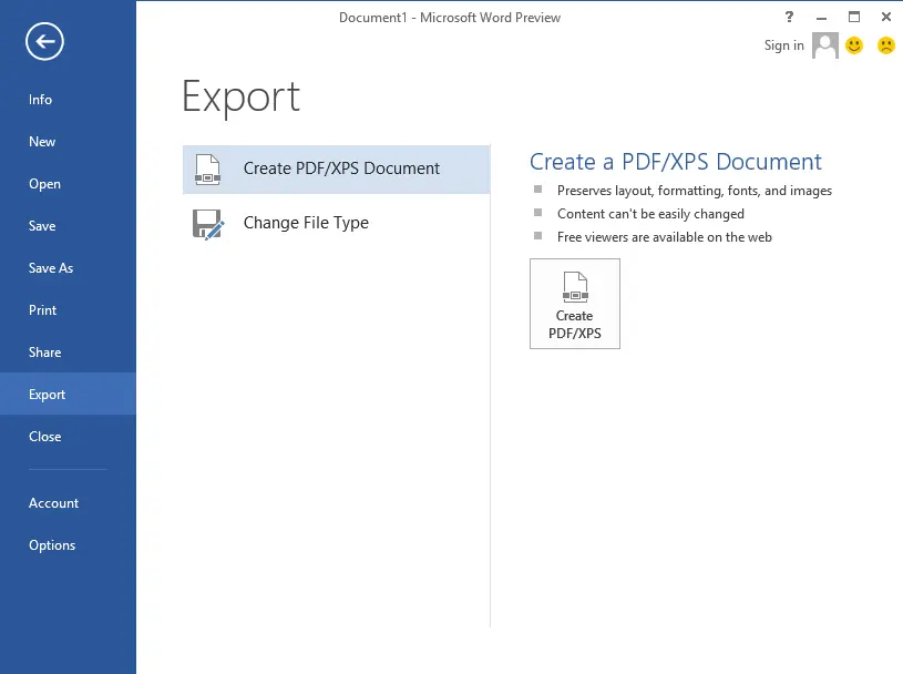 Screenshot of File Conversion Options available in Microsoft Word 2013 captured on a Windows 8 computer to save Word 2013 to PDF file format or to XPS file format.